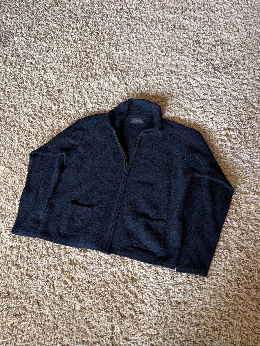 Vintage Black 100% Wool Zip Cardigan Sweater Minimalist Cozy Layer Size L